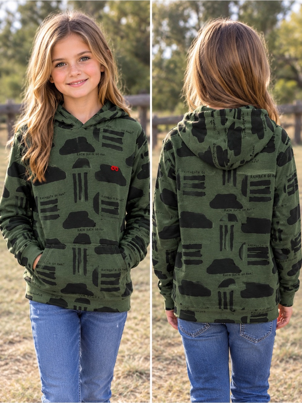 NWOT Beau Loves Unisex Army Green “Rain Rain Go Away" Youth Hoodie